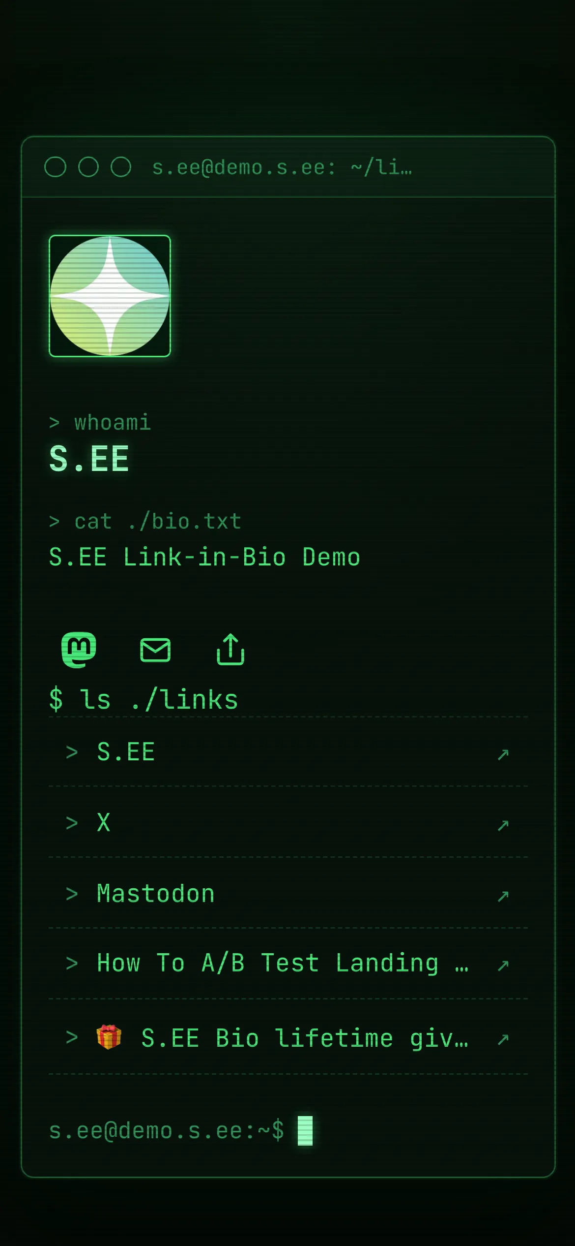 Terminal Link in Bio list theme